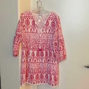 Tommy Bahama Pink & White Printed V-Neck Tunic with Tassel